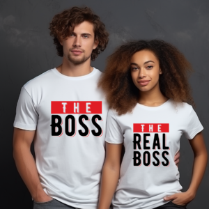 Tricouri personalizate Sfantul Valentin cu textul the real boss Tricouri personalizate Sfantul Valentin cu textul the real boss